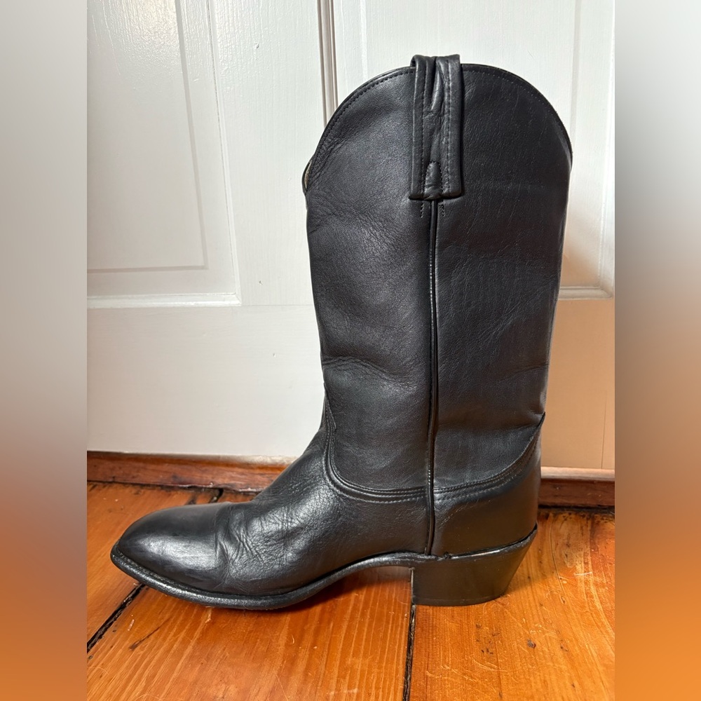 FRYE Vintage Black Pull-On Leather Cowboy Boots, Size 14 D - wide calves - Picture 4 of 12